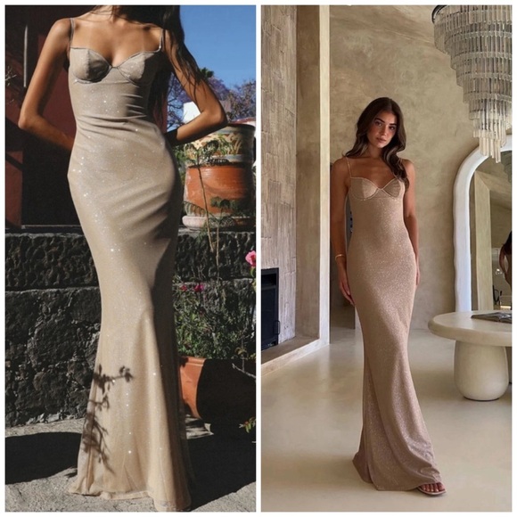 Mirror Palais Dresses & Skirts - Mirror Palais Rare Fairy Crystal Shimmer Bustier Maxi Gown Tan XL